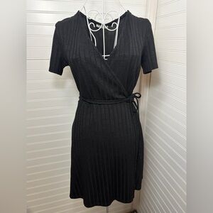 Black Wrap-Style Ribbed Knit Dress